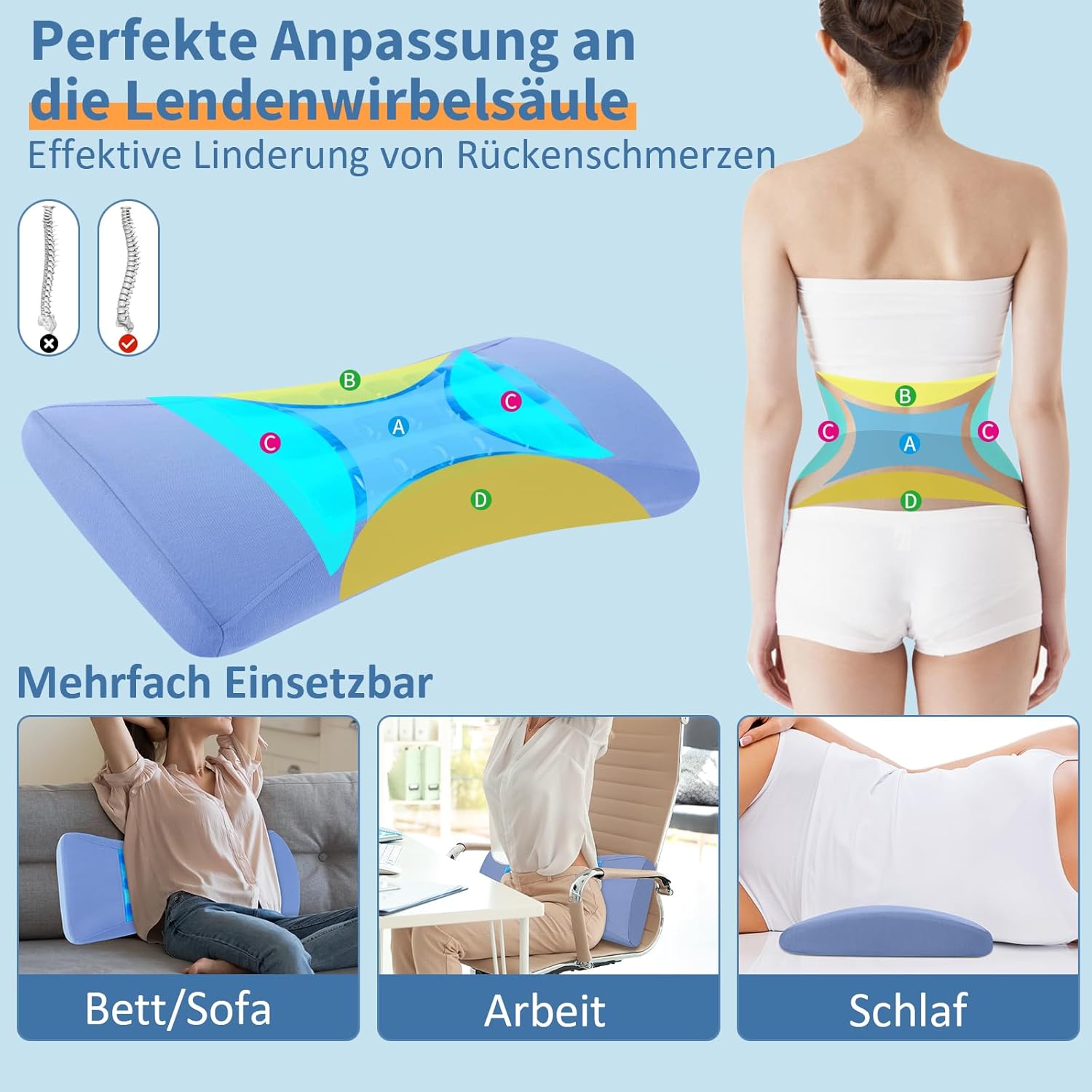 Orthopädisches Lendenkissen mit kühlender Gelschicht, ergonomische Memory-Schaum-Rücken- und Lendenwirbelstütze für Bett und Sofa – Vorlagen für Entlastungskissen für den unteren Rücken – Bild 3