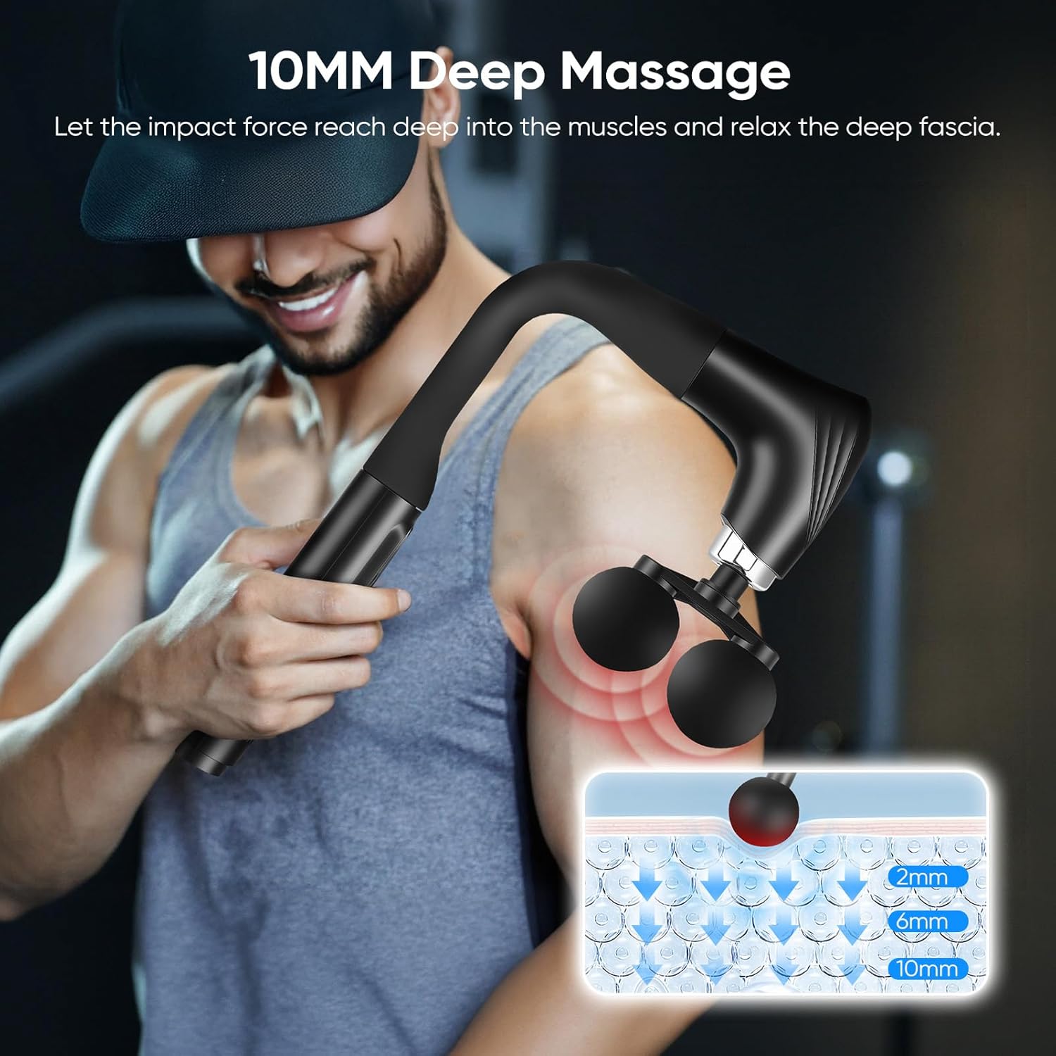 Doppelkopf-Massagepistole, Rückenmassagegerät mit U-Verlängerungsgriff, elektrisches Tiefengewebe-Percussion-Massagegerät, 12 Geschwindigkeitsstufen mit 5 Massageköpfen für Nacken, Schulter, Bein – Bild 7