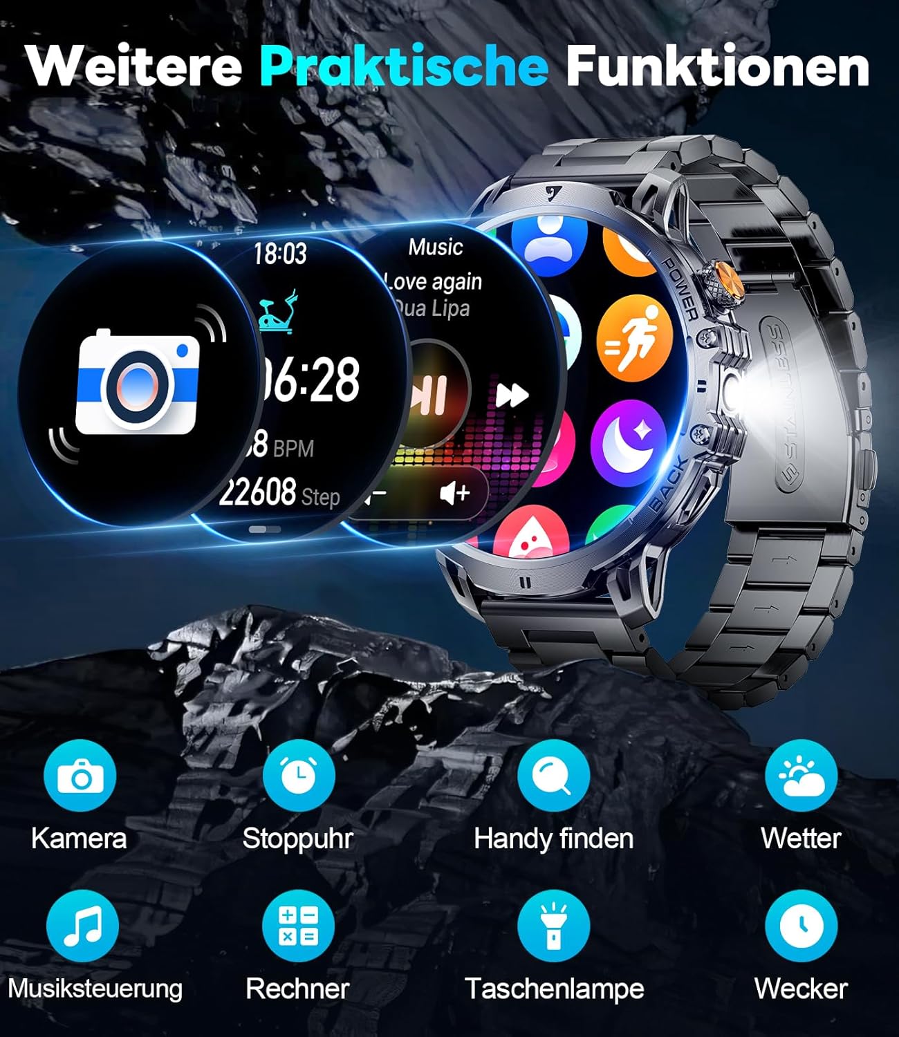 LIGE Military Smartwatch Herren – 1000 mAh/1,85 Zoll HD großer Touchscreen/LED-Licht, Fitnessuhr mit 110+ Sportmodi, Herz-/Schlaf-Tracking, 2 Armbänder, IP68 wasserdicht, Sportuhr für iOS/Android, Schwarz – Bild 9