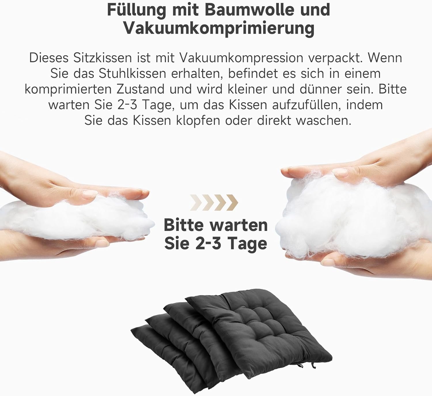 4er-Set Stuhlkissen mit Bändern, bequemes Sitzkissen, 40 x 40 cm, Stuhlkissen für Bürostuhl, Gartenstuhl, Balkonstuhl, Sitzpolsterung drinnen und draußen für Esszimmer, Wohnzimmer, Arbeitszimmer, schwarz – Bild 5