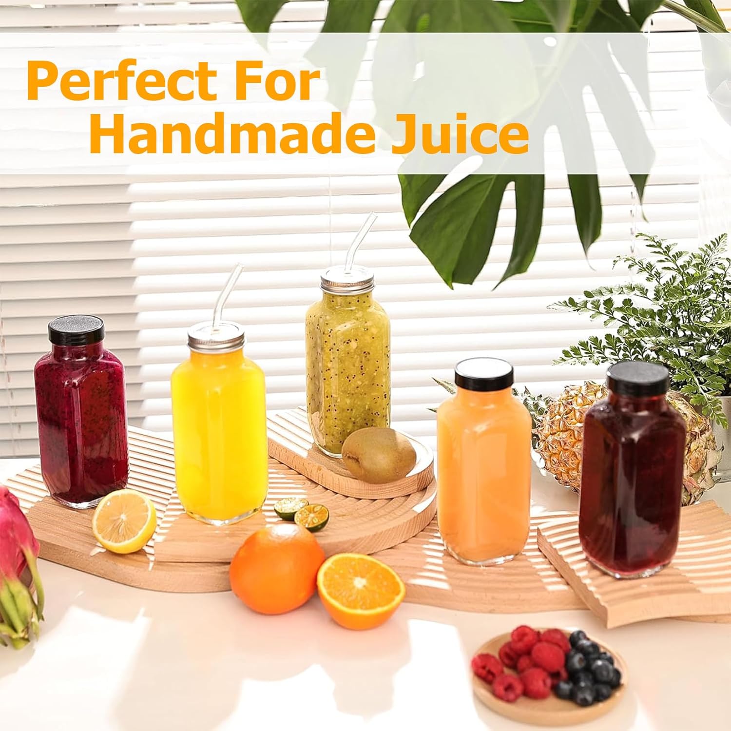 Smoothie-Flasche, 4 Stück, Glasflaschen zum Befüllen, 500 ml Schnapsflaschen zum Befüllen, wiederverwendbare Smoothie-Gläser mit Deckel, ideal für Saft, Ingwer, Milchshakes – Bild 6