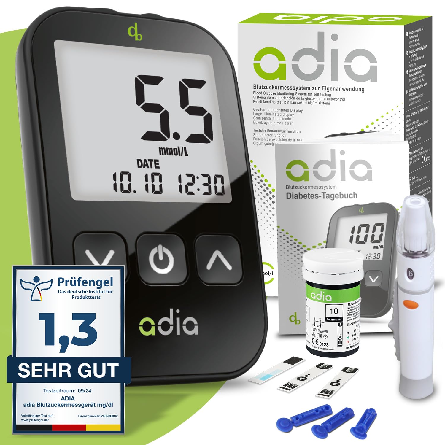 adia Blutzuckermessgerät (mmol/L, internationale Einheit) + 10 Blutzuckerteststreifen, 10 Lanzetten, Stechhilfe und Koffer – Blutzucker-Selbstkontrollset für Diabetes