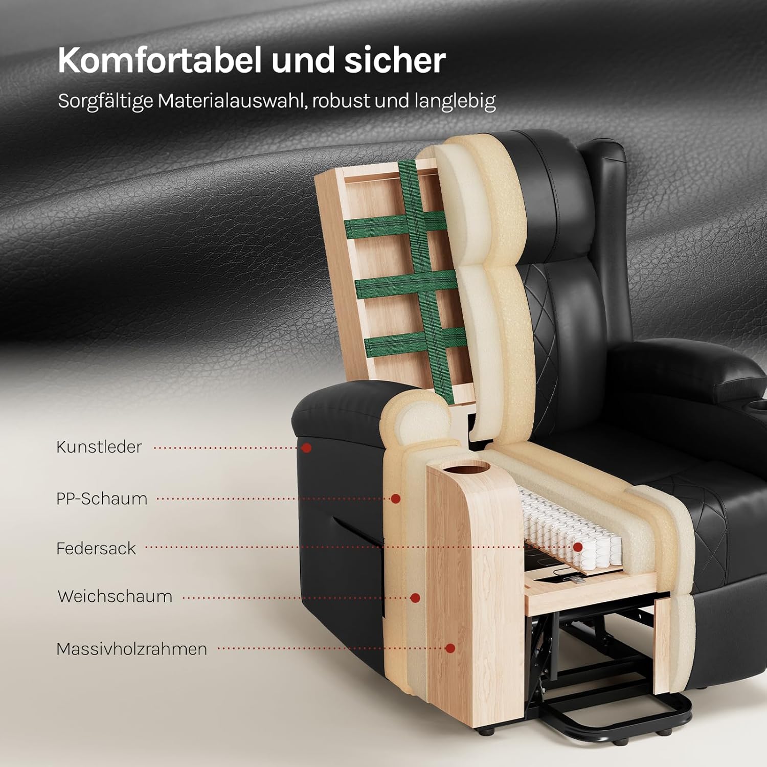 WOLTU Elektrisch verstellbarer Massagesessel mit Liegefunktion, Aufstehhilfe, Massage, Heizung, Fußstütze, Seitentaschen, Getränkehalter, USB-Anschluss, Kunstleder, Schwarz – Bild 7