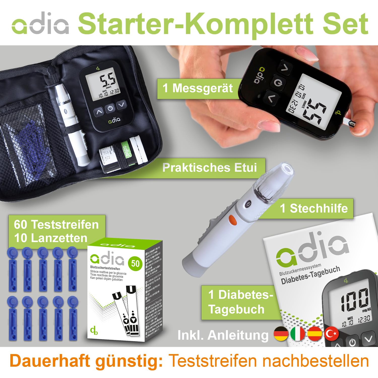 adia Blutzuckermessgerät (mmol/L, internationale Einheit) + 60 Blutzucker-Teststreifen, 10 Lanzetten, Stechhilfe & Koffer – Vorteilsset zur Blutzucker-Selbstkontrolle bei Diabetes – Bild 2