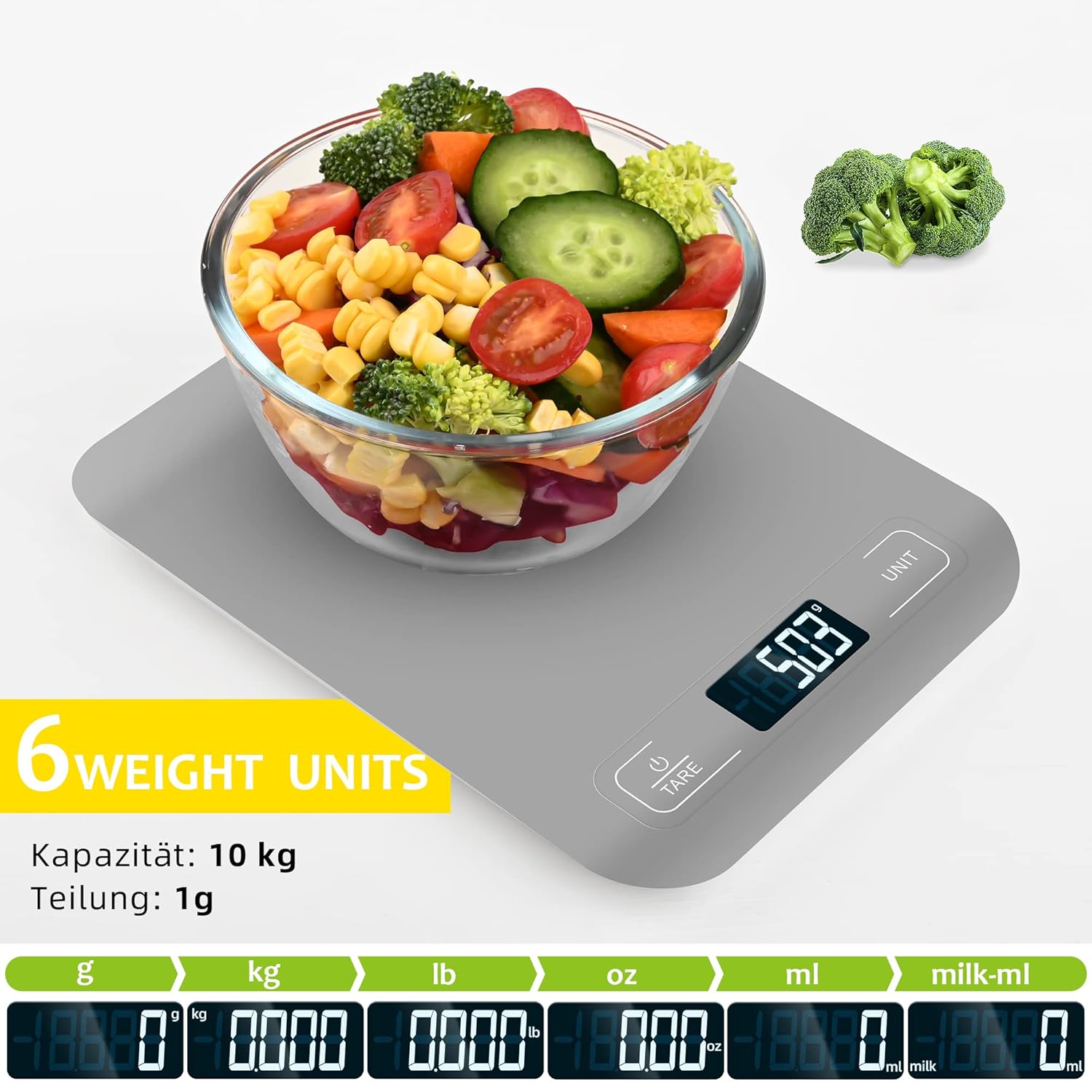 Digitale Küchenwaage, 10 kg, Profiwaage mit LCD-Display und Tara-Funktion, zum Backen und Kochen, 1 g Genauigkeit, Grau – Bild 2