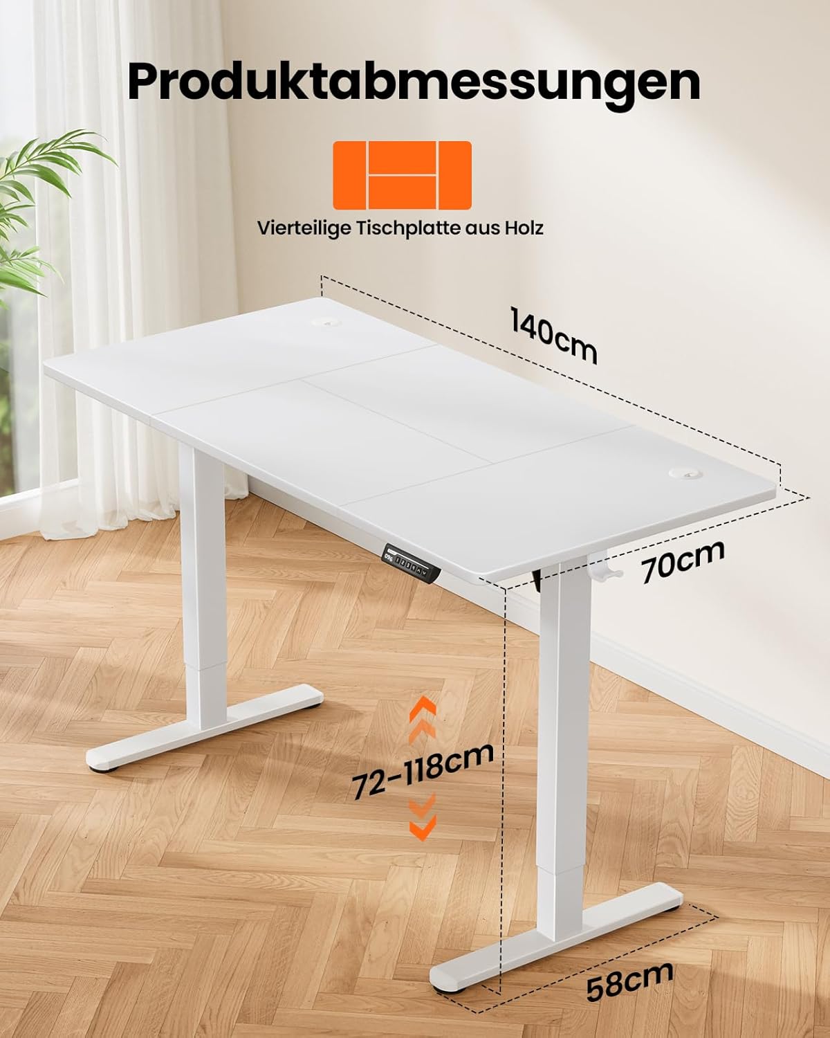 ErGear Elektrisch höhenverstellbarer Schreibtisch 140 x 70 cm, Schreibtisch höhenverstellbar mit 4 Memory-Funktionen, Gaming-Tisch mit 4-teiliger Tischplatte – Bild 6