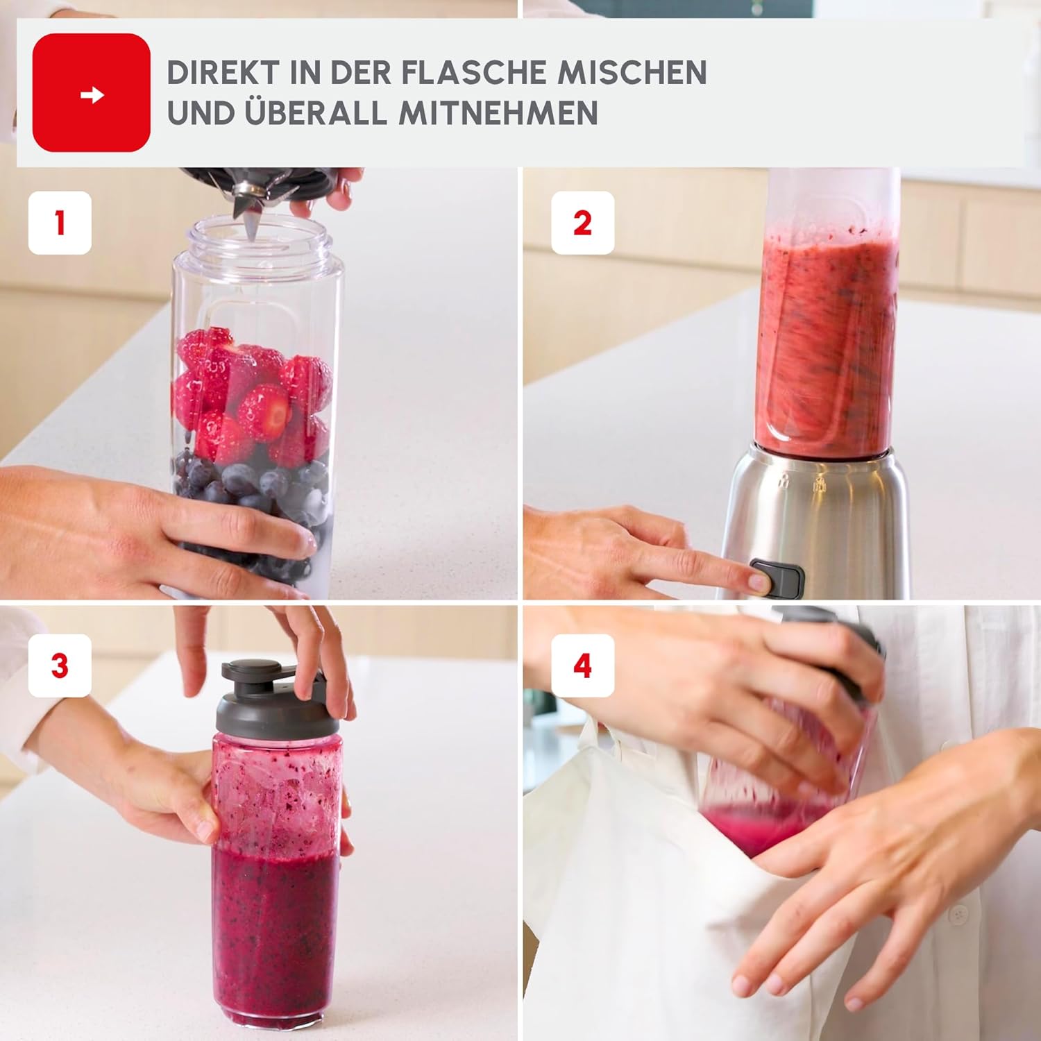 Tefal Mix and Move BL15FD Mini-Standmixer, 300 Watt, 2 Flaschen To-Go aus Premium-Tritan, kompaktes Design, leicht zu reinigen, abnehmbare Klingen, Ein-Knopf-Bedienung, Silber/Grau – Bild 5