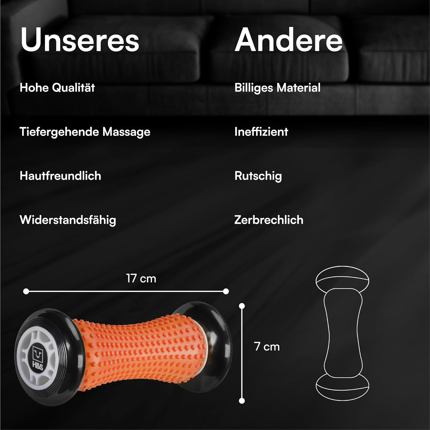 H&S Fußmassage-Igelball – Faszienroller Fuß – Fußmassagerolle zur Faszienmassage – Rolle für Hand und Fuß aus Silikon mit Noppen zum Stressabbau und Entspannung – Orange – Bild 4