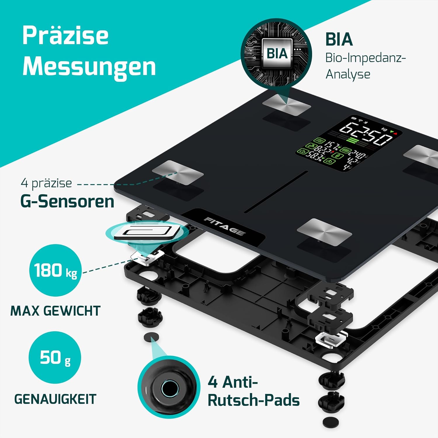 Persönliche Digitalwaage, bis 225 kg, Körperfettwaage mit 17 Körpermaßen, Körperanalyse mit App, Waage mit Körperfett und Muskelmasse mit großem LED-Display, Schwarz – Bild 4