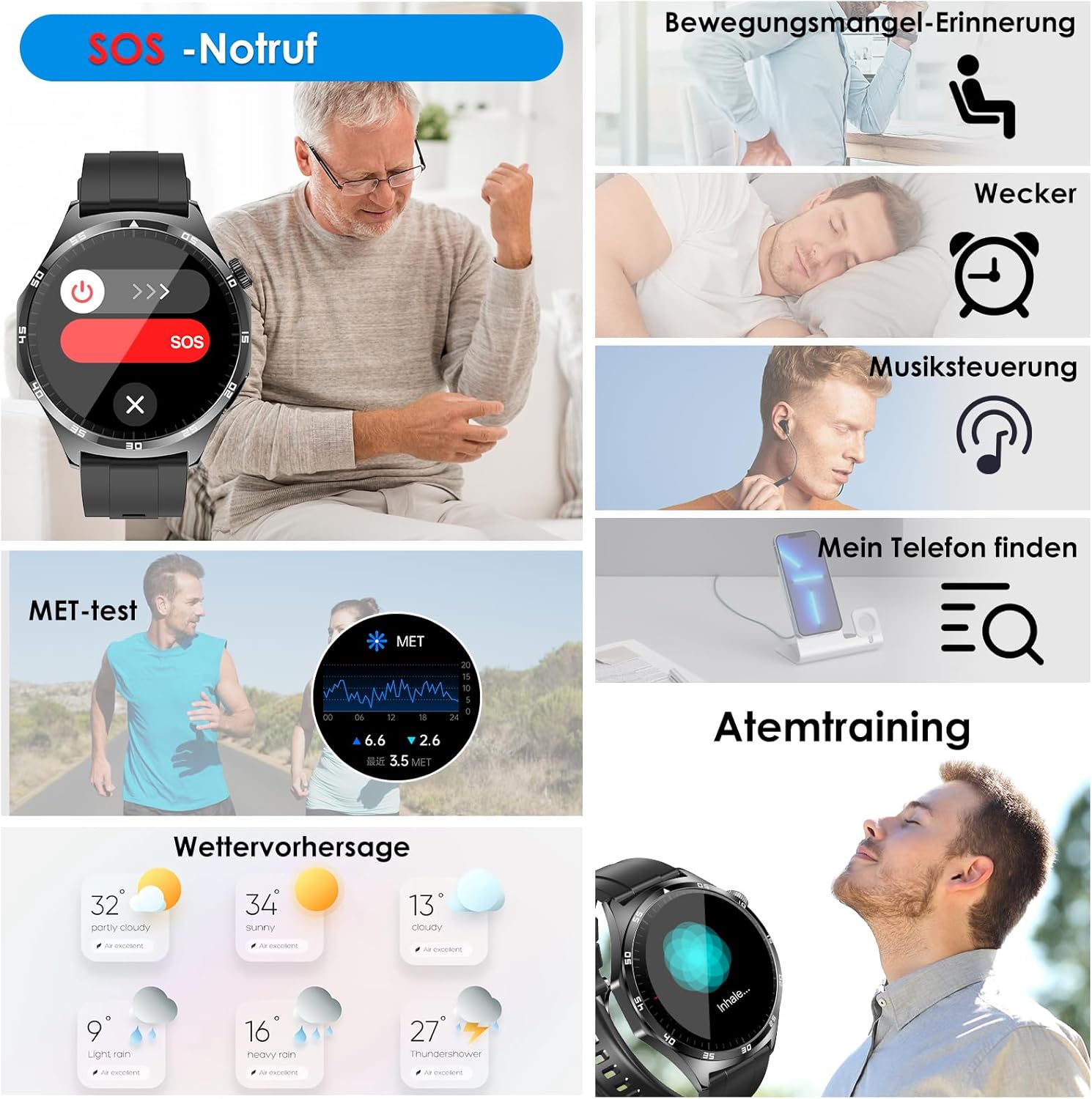 2026 Neu Smartwatch Herren mit EKG/ΒΙυτzυcker/BMI/Harnsäure/Schlaf/Aρnοe-Monitor Rund 1,43"AMOLED Fitness Gesundheitsuhr mit 24h Blutdruck Herzfrequenz SPO2,Bluetooth-Anrufe SOS-Notruf für iOS Android – Bild 7