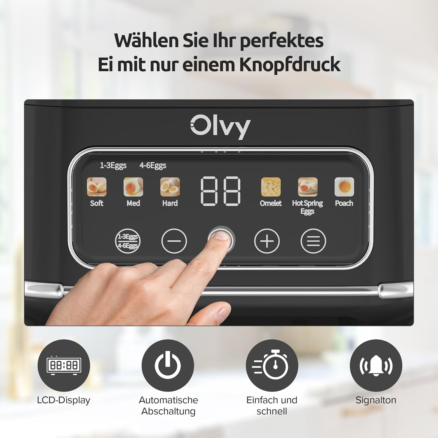 Automatischer Eierkocher von Olvy für 6 Eier – professioneller 6-in-1-Eierkocher mit LCD-Timer und Dampfgarer – ideal für Camping, mit automatischer Abschaltung und spülmaschinenfesten Teilen – Bild 5