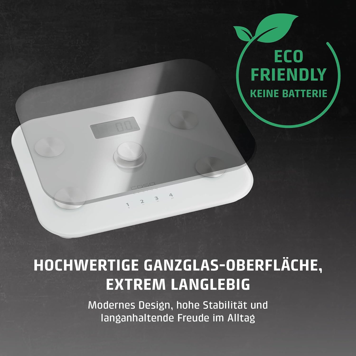 CASO BodyEnergy Fit – Personenwaage, batterieloser Einsatz, hohe Belastbarkeit bis 150 kg in 0,1-kg-Schritten, 4 speicherbare Profile, Körperanalysewaage (BIA) mit präziser Messung – Bild 5