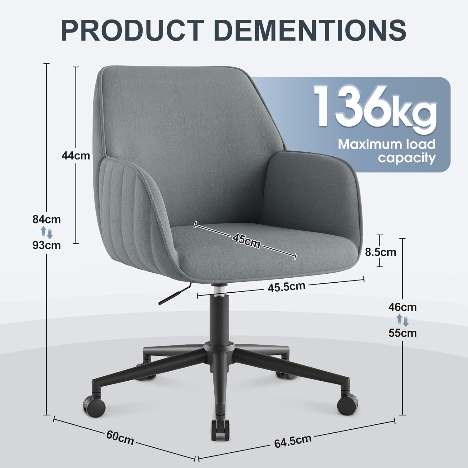 Schreibtischstuhl, Bürostuhl, Heimbüro, Drehstuhl, Samt-Make-up-Stuhl mit Armlehnen, Rollen, ergonomisch, bequem, Damen, Mädchen, Schminkstuhl, höhenverstellbar, Schlafzimmer, Heimbüro, Grau – Bild 2