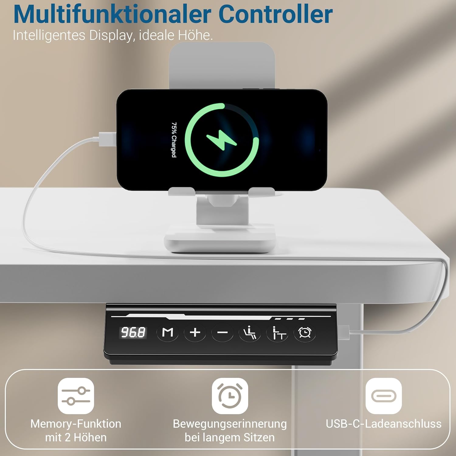 Höhenverstellbarer Schreibtisch, elektrischer Stehpult, Büro-Computertisch mit USB-C-Ladeanschluss und Memory-Funktion, Weiß Pro, 120 x 60 cm – Bild 5