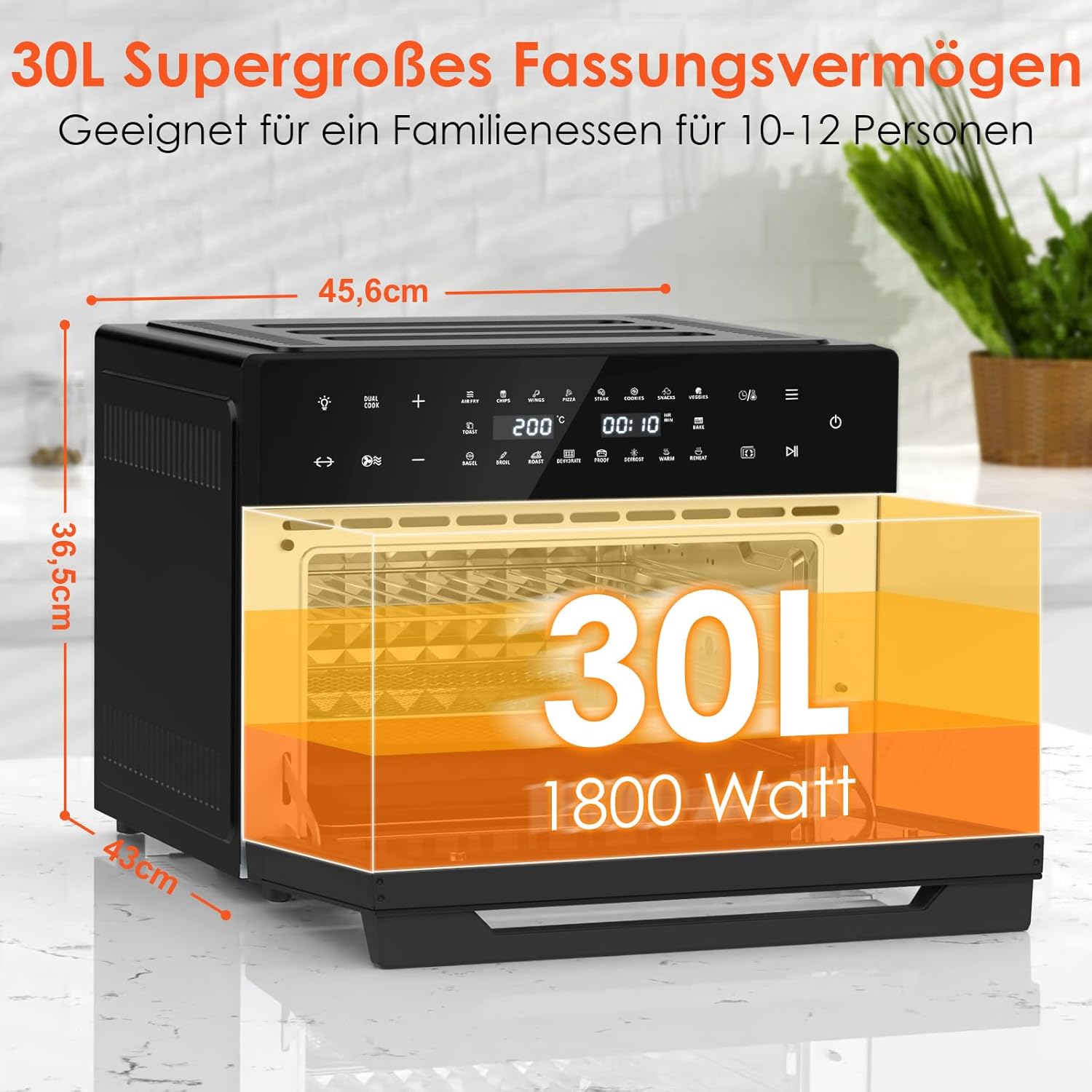 LLIVEKIT 30 L XXL Heißluftfritteuse, Mini-Ofen Konvektionsluft mit 20 Programmen und 9 Zubehörteilen, Mini-Ofen mit LED-Touchscreen, Airfryer-Ofen ohne Öl mit Sichtfenster, zwei Kochmodi, Rezeptbuch, 80 °C – 230 °C – Bild 9