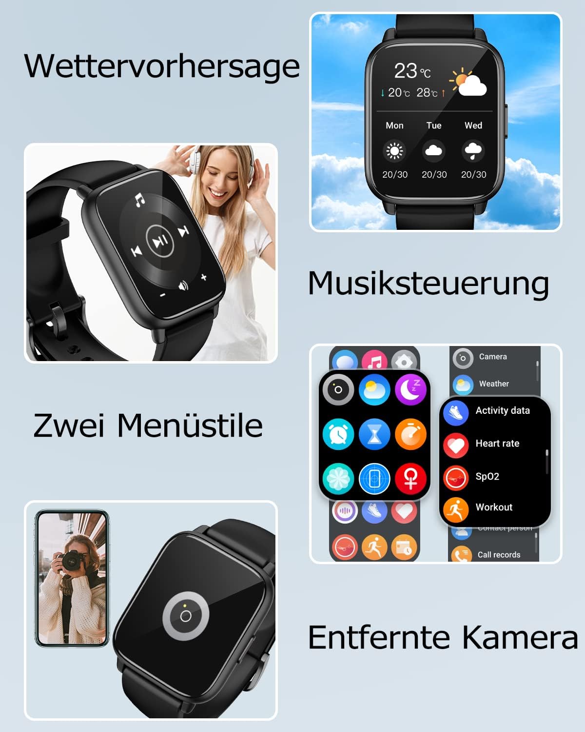RUIMEN Smartwatch mit Telefonfunktion, Smartwatch für Damen und Herren, 1,85 Zoll HD-Bildschirm, Fitnessuhr mit SpO2-Überwachung, Herzfrequenzmesser, Schlafmonitor, Schrittzähleruhr, 110+ Trainingsmodi für Android iOS (2 Bänder) – Bild 6