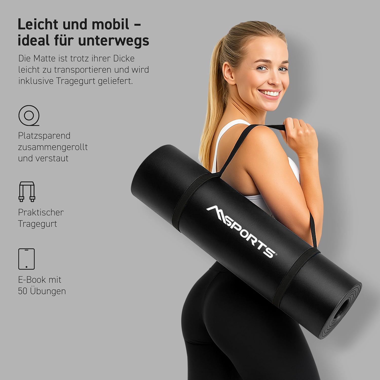 MSports Premium Gymnastikmatte inklusive Tragegurt + Übungsposter + Workout-App – hautfreundliche Fitnessmatte, 190 x 60, 80 oder 100 x 1,5 cm, verschiedene Farben, phthalatfreie Yogamatte, 190 x 100 x 1,5 cm – Bild 3