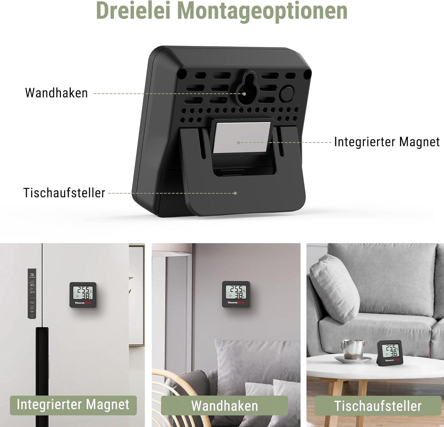 ThermoPro TP157 Mini-Hygrometer-Thermometer für den Innenbereich, 3er-Set, 0,5 °C, präzises Raumthermometer, Luftfeuchtigkeitsmesser mit Smiley-Anzeige, ideal für Wohnzimmer, Büro, Garage oder Gewächshaus, Schwarz – Bild 6
