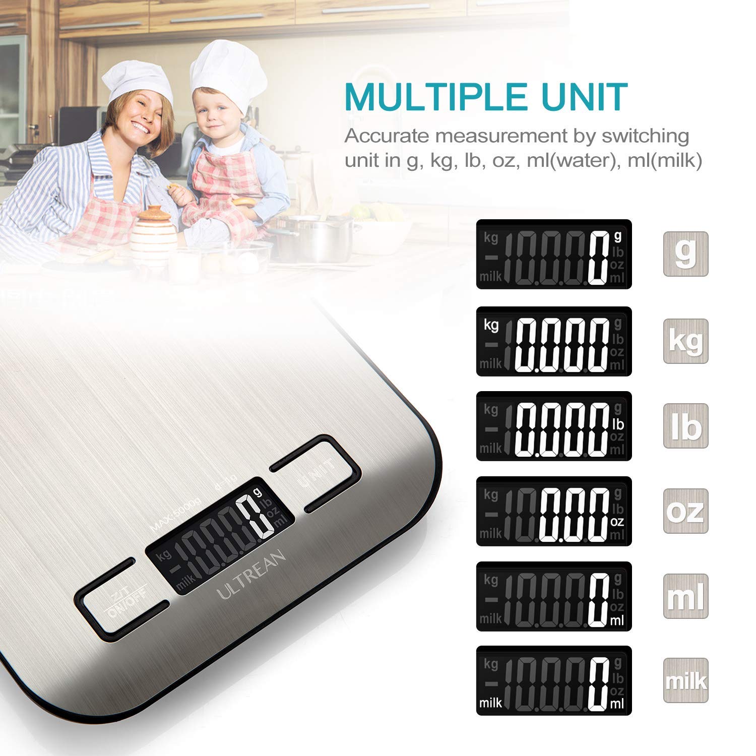 Digitale Küchenwaage von Ultrean, LCD-Display mit Tara-Funktion, präzise Backwaage in Gramm und Unzen, Edelstahl 304, Wiegekapazität bis zu 5 kg (11 lb), ideal zum Backen und Kochen – Bild 3