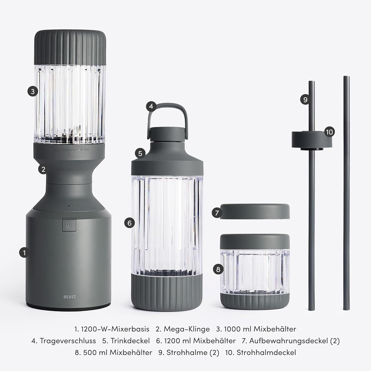 BEAST Standmixer 1200 W – Smoothie Maker Hochleistungsmixer mit 3 Tritan-Rührbechern – 1200 ml – To-go-Trink- und Aufbewahrungsdeckel – Mixer für Smoothies, Eis und Shakes – Bild 8