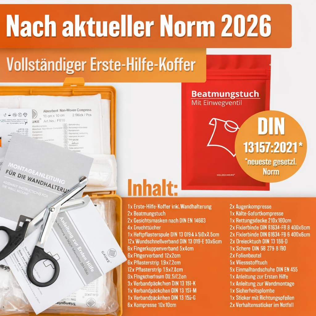 HELDENWERK Erste-Hilfe-Kasten Version 2026 (DIN 13157:2021) inklusive Wandhalterung & 5 x Aufkleber | Erste-Hilfe-Koffer für Büro, Haushalt & Gastronomie – Einsatz-Erste-Hilfe-Kasten gefüllt, Sanitätskasten – Bild 2