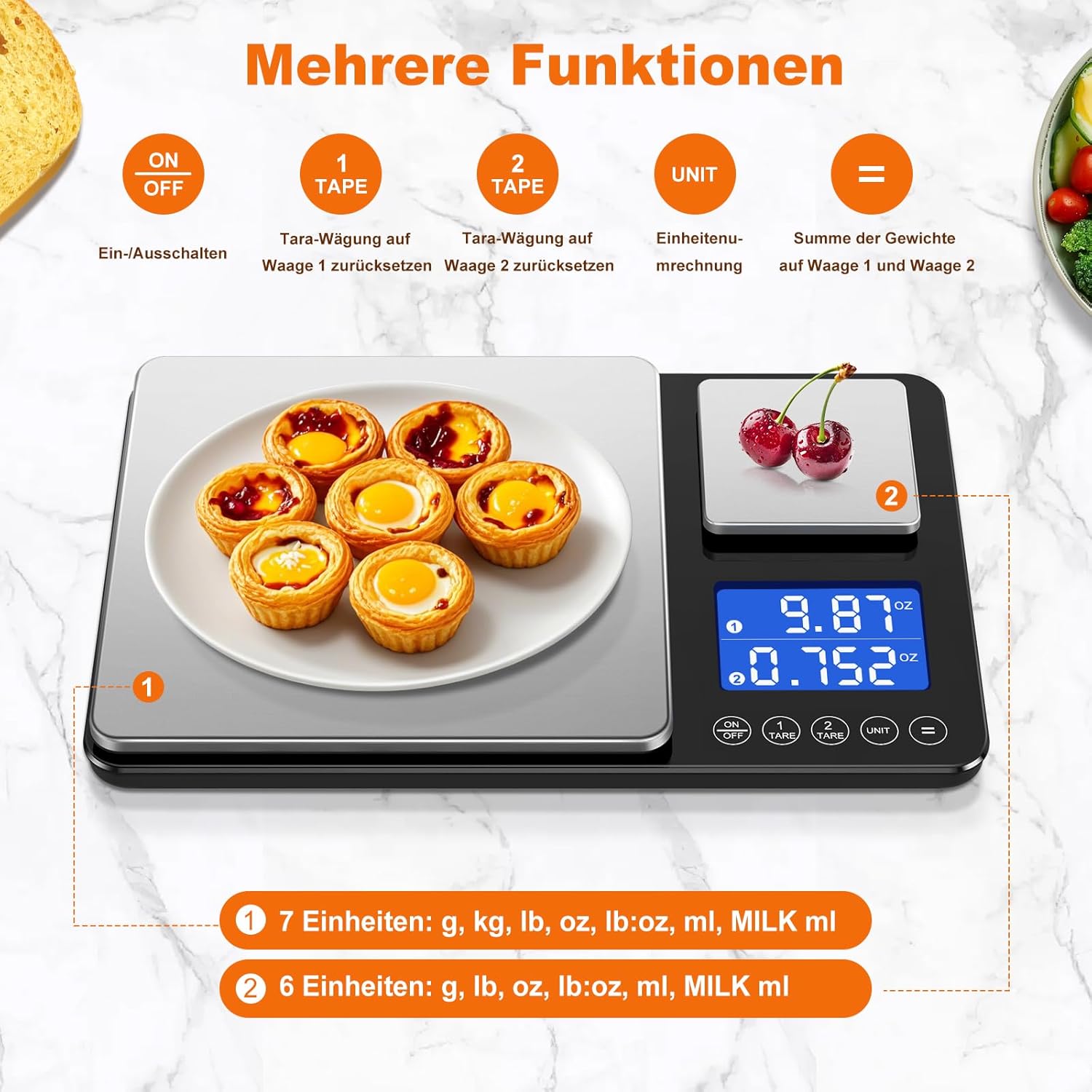Digitale Küchenwaage mit LCD-Display und Tara-Funktion, präzise 1-g-Messung zum Backen und Kochen, poliertes Silber – Bild 4