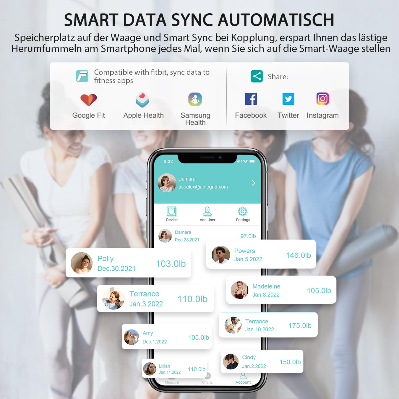 ABLEGRID Wiederaufladbare Körperfettwaage, LED-Digital-Personenwaage mit Körperfett und Muskelmasse, Körperfettanalyse, 16 Messungen der Körperzusammensetzung, BMI, Herzfrequenz, 180 kg, Schwarz – Bild 6