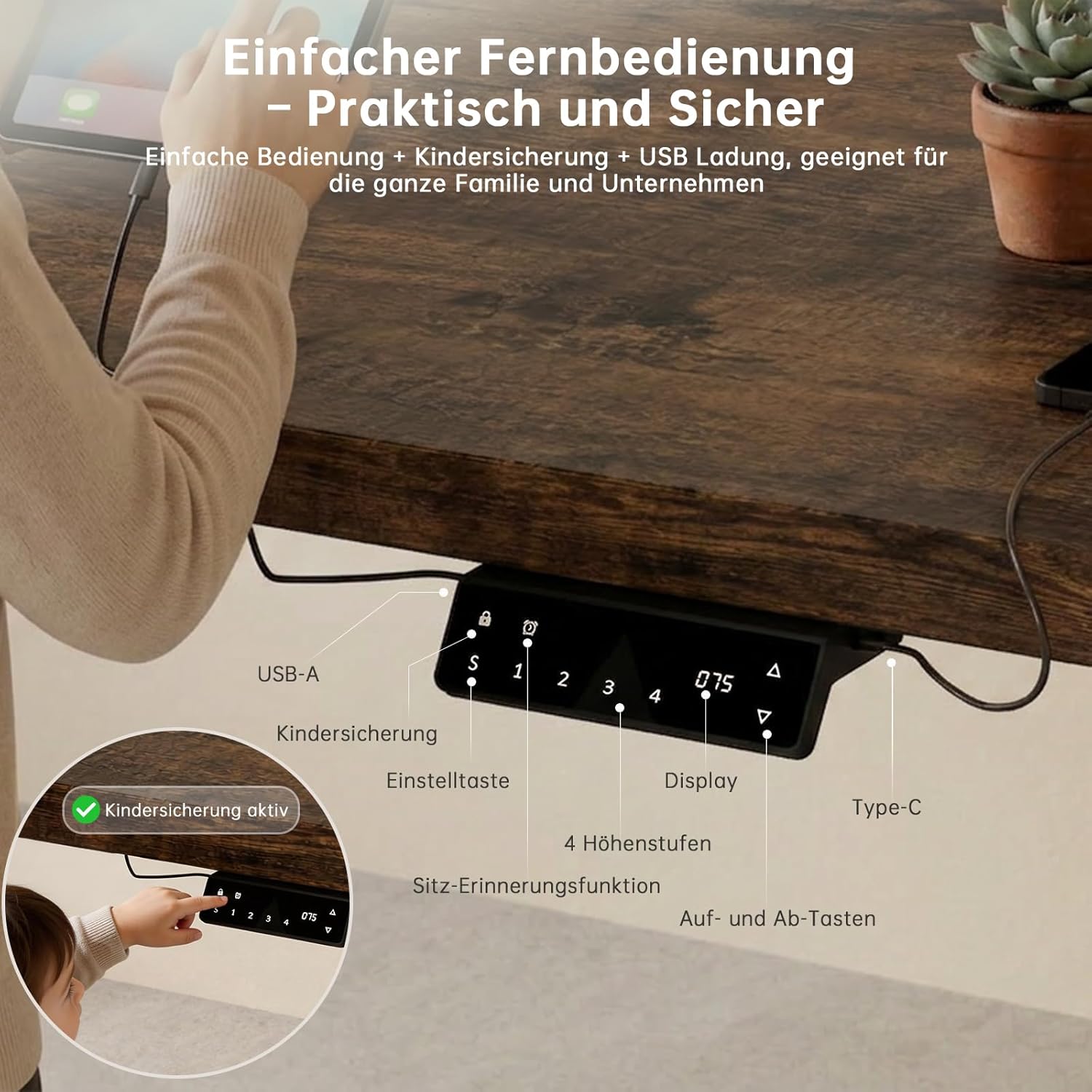 Devoko Höhenverstellbarer Schreibtisch mit 2 Motoren, 25 mm einteilige Tischplatte, 160 x 80 cm, elektrischer Computertisch mit Kabelmanagement, Vintage-Braun, perfekte Ergonomie für Ihr Büro – Bild 5