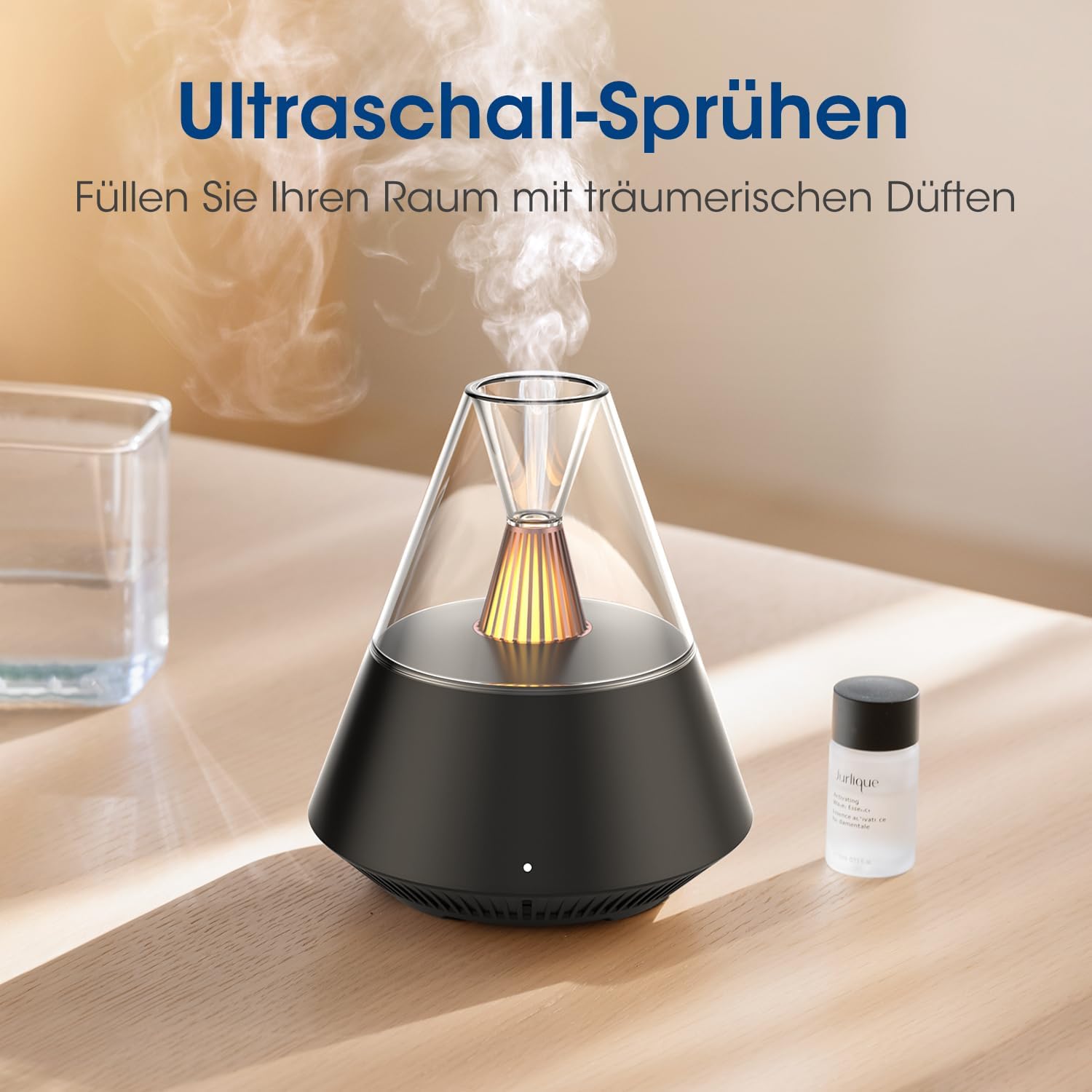 Diffusor für ätherische Öle, Diffusor mit Kerzenlicht, moderne Aroma-Duftlampe im Vulkan-Design, 150 ml Ultraschall-Luftbefeuchter mit Fernbedienung, 12-24H automatische Abschaltung, schwarz – Bild 2