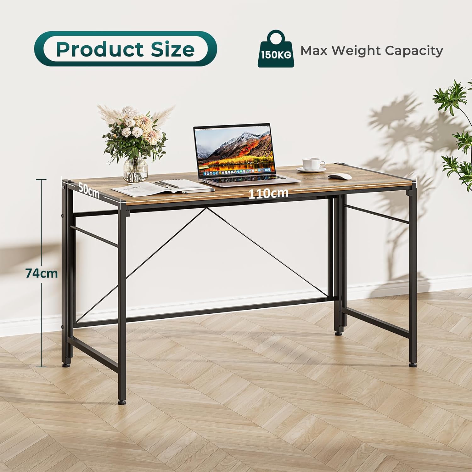Dripex XXL Klappschreibtisch, 110 x 50 cm, klappbarer Computertisch mit Stahlrahmen, platzsparender PC-Tisch, wasserdichte Tischplatte für Zuhause, Büro, Arbeitszimmer (Eiche) – Bild 3