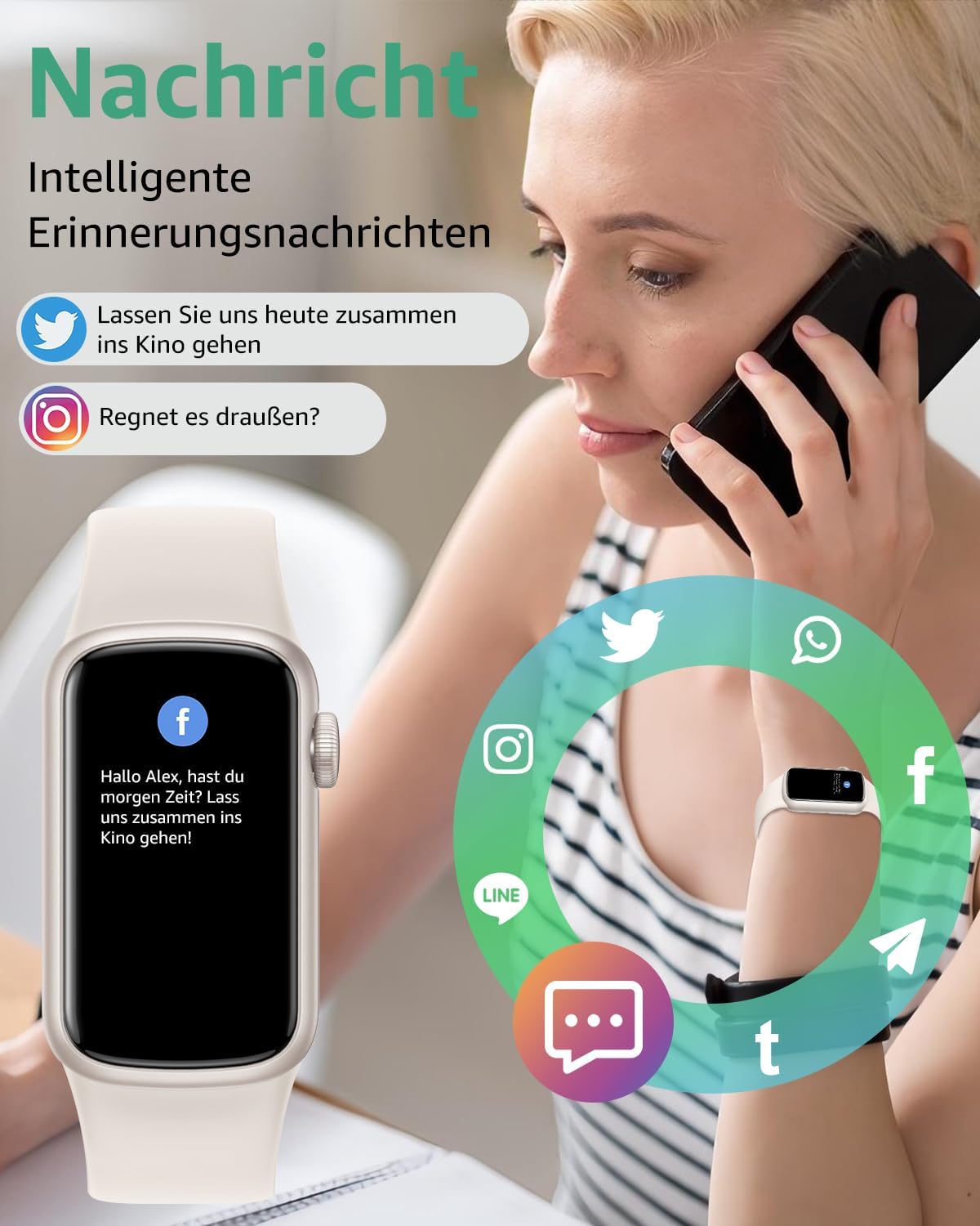 Fitness Tracker, 1,47 Zoll HD-Display Fitnessuhr mit 137+ Sportmodi, Smart Watch mit Schlafmonitor Schrittzähler, IP68 Wasserdichte Fitnessuhr für Damen Herren Starlight – Bild 4