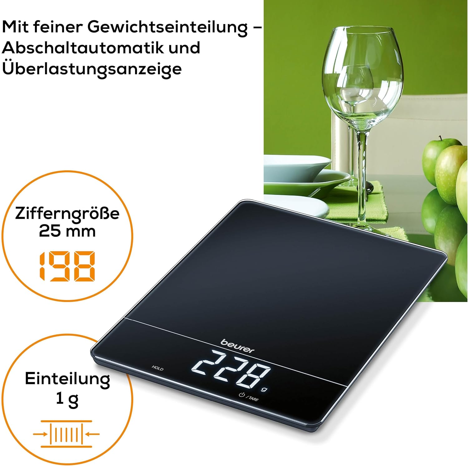 Beurer KS 34 Küchenwaage für präzises Wiegen bis 15 kg mit Tara-Wiegefunktion und Magic LED-Anzeige – Bild 4