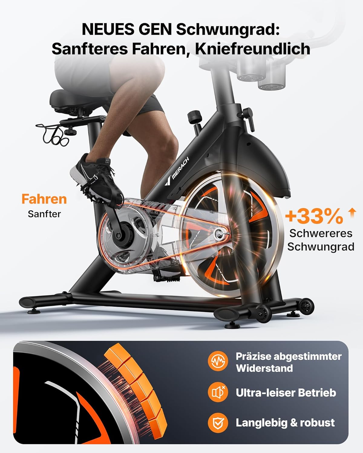 MERACH Heimtrainer Fahrrad mit 21,5" drehbarem FHD-Bildschirm, Leises Heimtrainer Fahrrad mit automatischem Widerstand, verstärkter H-Rahmen, stoßdämpfender Luftkissensattel, eigene App, bis 150 kg – Bild 6