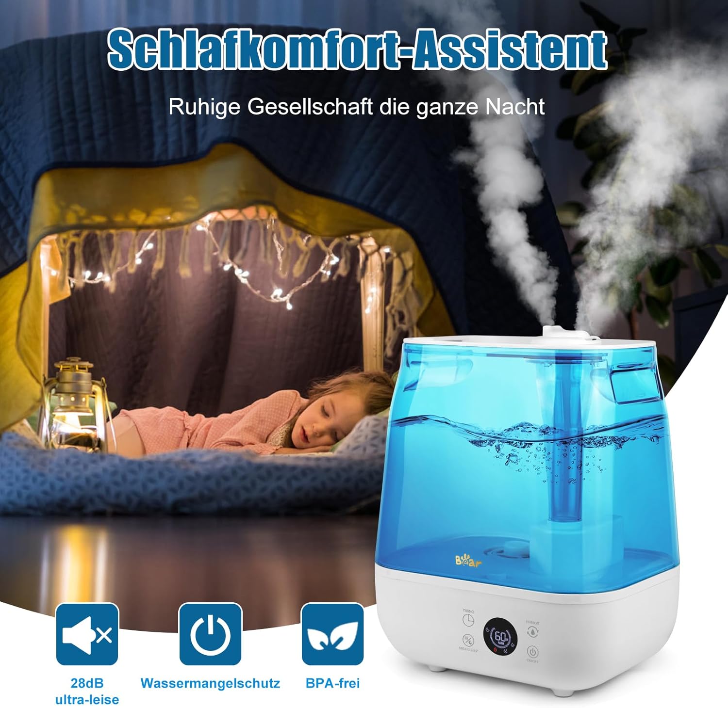 Bear Luftbefeuchter 6L Top Fill Luftbefeuchter, Timer, Schlafmodus, konstante Luftfeuchtigkeit, Aromascheibe, 360° drehbare Doppeldüse, 28 dB Ultra Silent, geeignet für Babys und Pflanzen – Bild 6