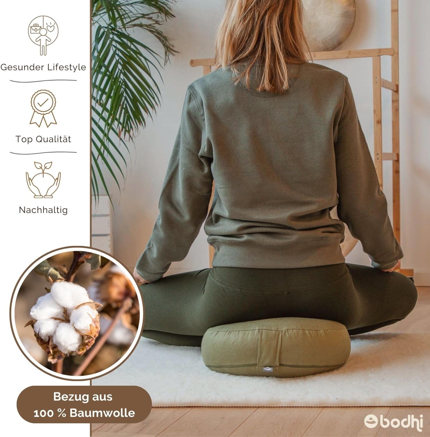 Bodhi Meditationskissen Rondo ECO extra flach | Bodenkissen mit Bio Dinkelfüllung | Bezug aus 100 % Baumwolle | Yogakissen mit 15,5 cm Sitzhöhe | Waschbarer Bezug mit Trageschlaufe | Waldgrün – Bild 4