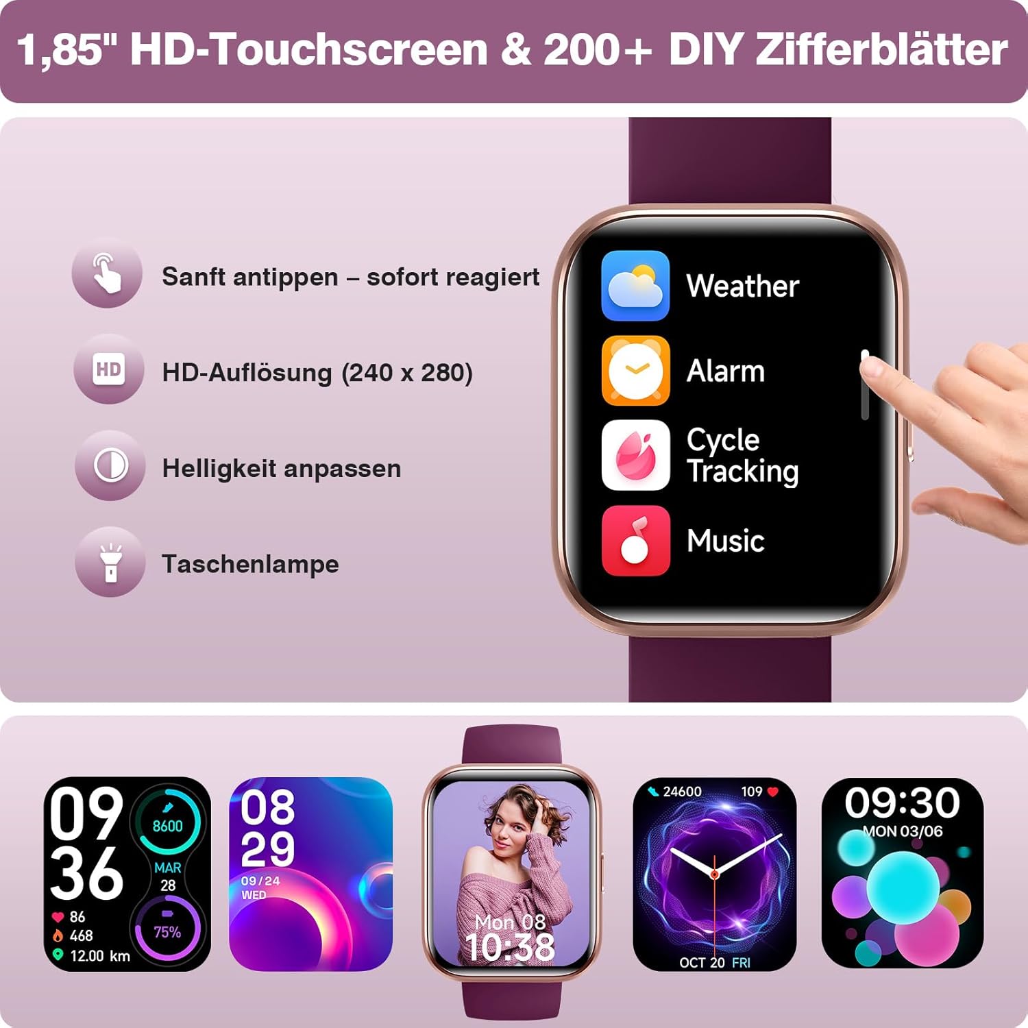 Damen Smartwatch mit Telefonfunktion, 1,85 Zoll HD Fitness Tracker mit Herzfrequenz SpO2 Schlafmonitor Schrittzähler Fitnessuhr Damen 120+ Sportmodi 3ATM wasserdichte Smartwatch für Samsung iOS Android – Bild 7