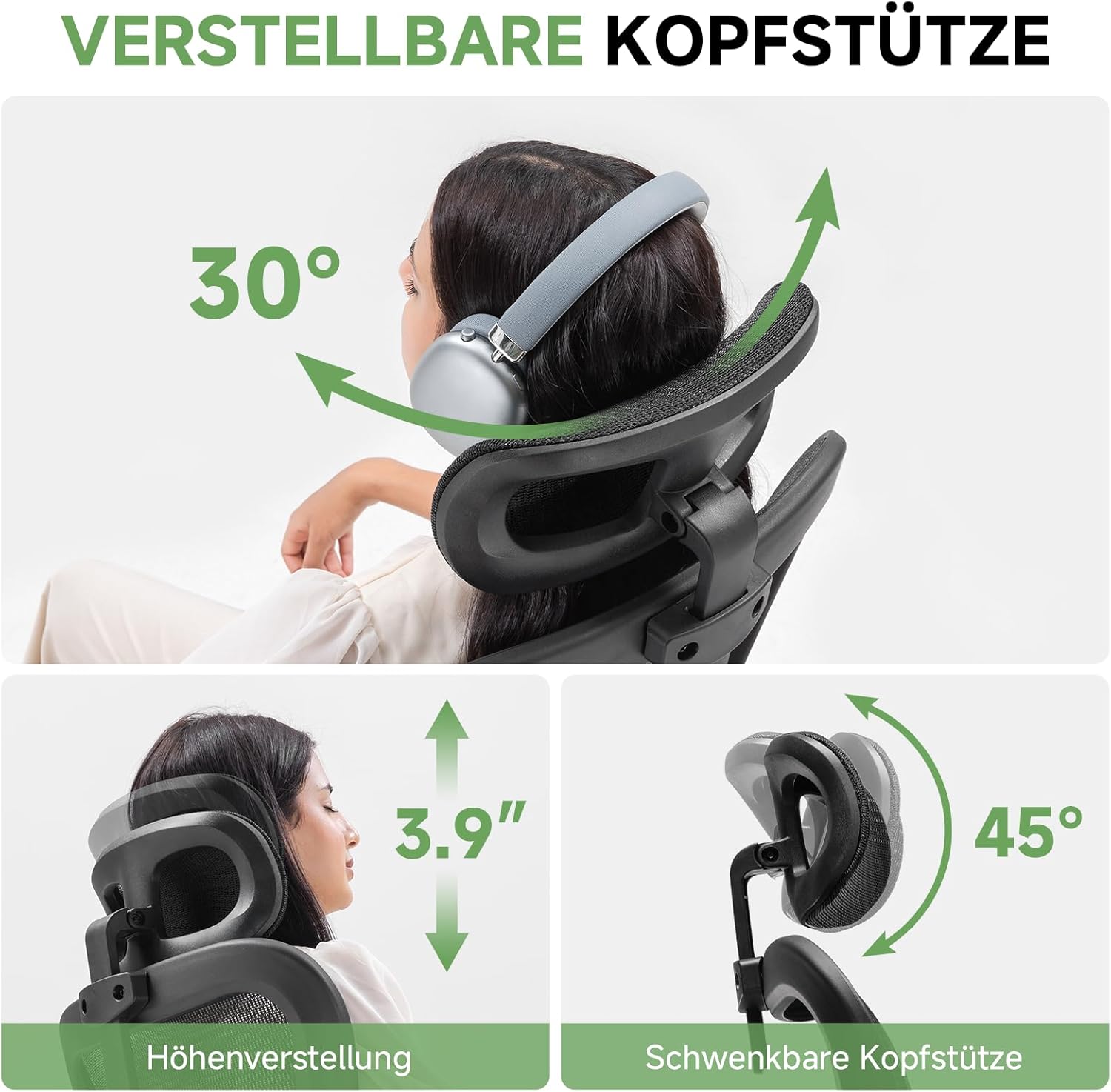 GTPLAYER Ergonomischer Bürostuhl mit verstellbarer Kopfstütze, Armlehnen, Lordosenstütze, Bürostuhl & Gaming-Stuhl, Wippfunktion, Mesh-Chefsessel, 150 kg (Schwarz) – Bild 5