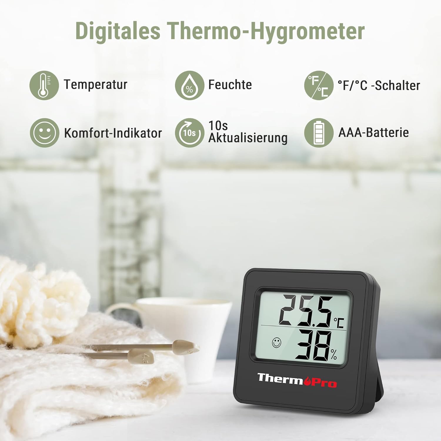 ThermoPro TP157 Mini-Hygrometer-Thermometer für den Innenbereich, 3er-Set, 0,5 °C, präzises Raumthermometer, Luftfeuchtigkeitsmesser mit Smiley-Anzeige, ideal für Wohnzimmer, Büro, Garage oder Gewächshaus, Schwarz – Bild 2