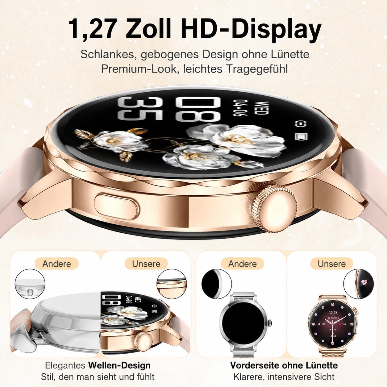 Efolen Damen Runde Smartwatch 1,27 Zoll HD Smartwatch mit Telefonfunktion, 120+ Sportmodi, IP68 wasserdichte Fitnessuhr mit Herzfrequenz-SpO2-Schlafmonitor, Fitness-Tracker für Android iOS Roségold – Bild 2