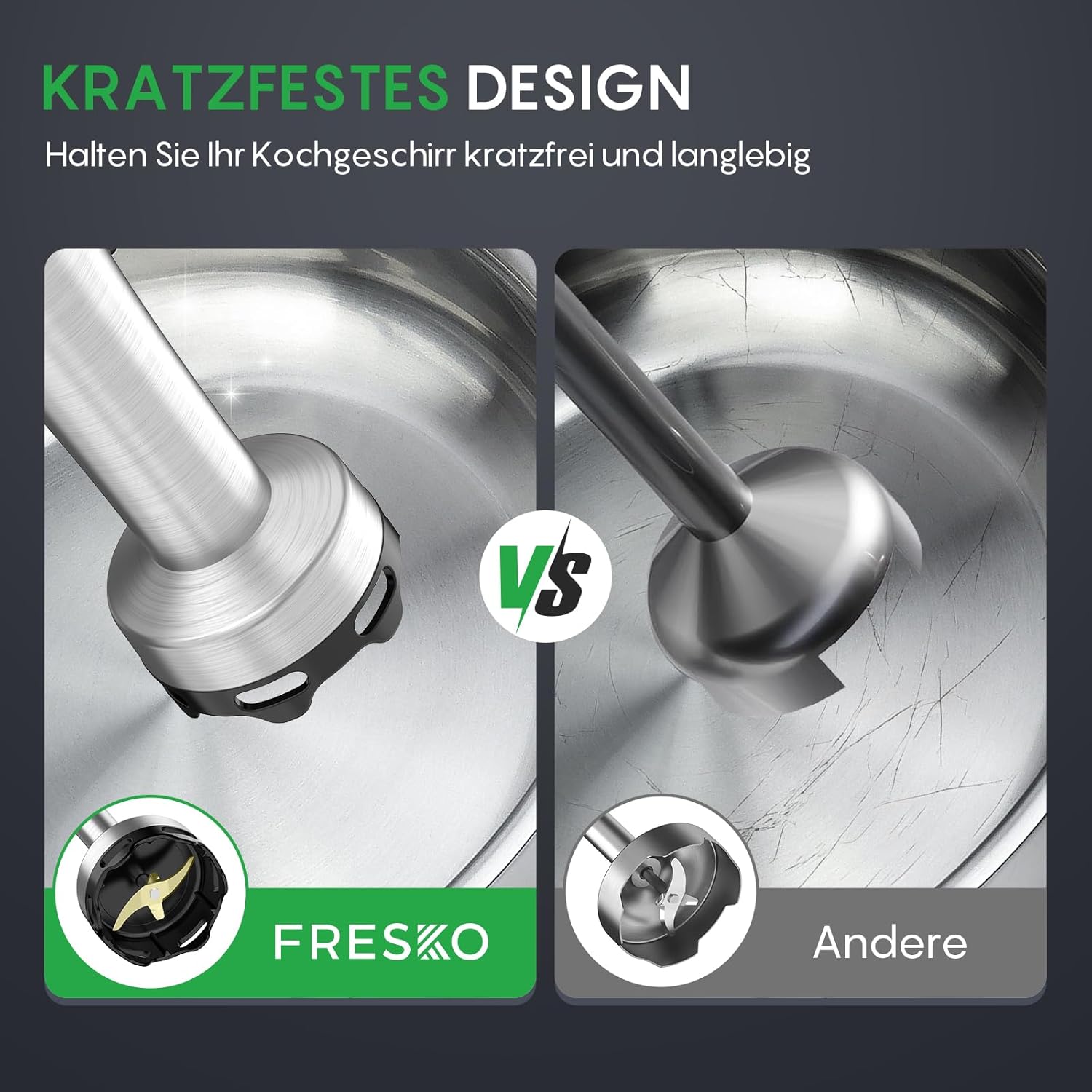 FRESKO Stabmixer 1000 W mit Zubehörset, Pürierstab aus Edelstahl inklusive Schneebesen, 500 ml Lebensmittelzerkleinerer, Messbecher mit Deckel und Schutzhülle, stufenlose Geschwindigkeiten für Smoothies, Suppe – Bild 3