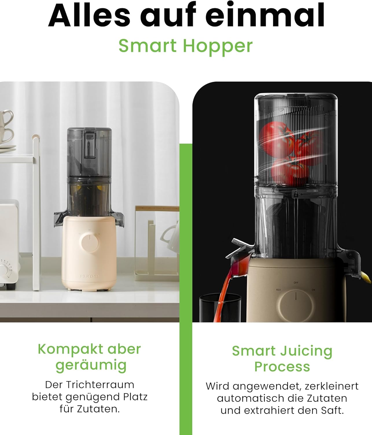 Hurom Slow Juicer | Entsafter für Gemüse und Obst | H310 | Leicht zu reinigender elektrischer Entsafter mit leisem Motor und Siebfilter | 100 Watt | BPA-frei | Schlankes Design | 220 ml, Beige – Bild 5