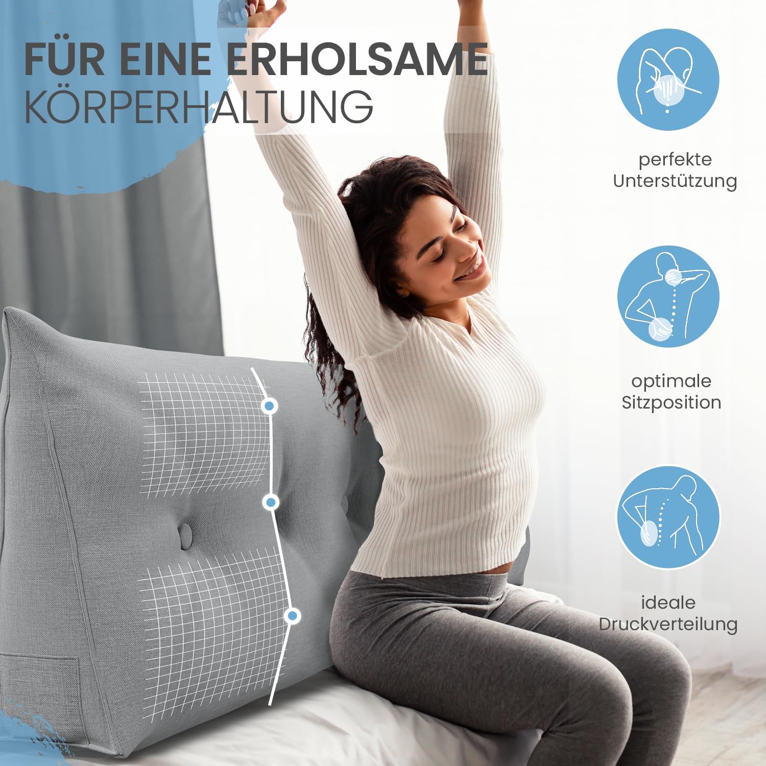 ELONEO Rückenkissen, 180 cm breit, Keilkissen, für Bett und Sofa, dreieckig, Lesekissen, abnehmbarer und waschbarer Bezug, praktische Seitentasche – Bild 2