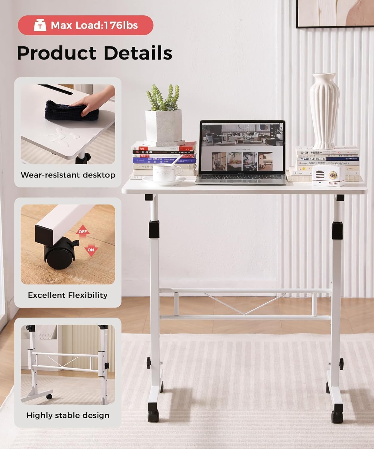 KLSMYHOKI Höhenverstellbarer Schreibtisch mit Rollen, Steh-Sitztisch für das Heimbüro, mobiler Computertisch, weißer Stehschreibtisch, kompatibel mit Laufband und Gehpad, 80 cm x 40 cm, Höhe 70–110 cm – Bild 4
