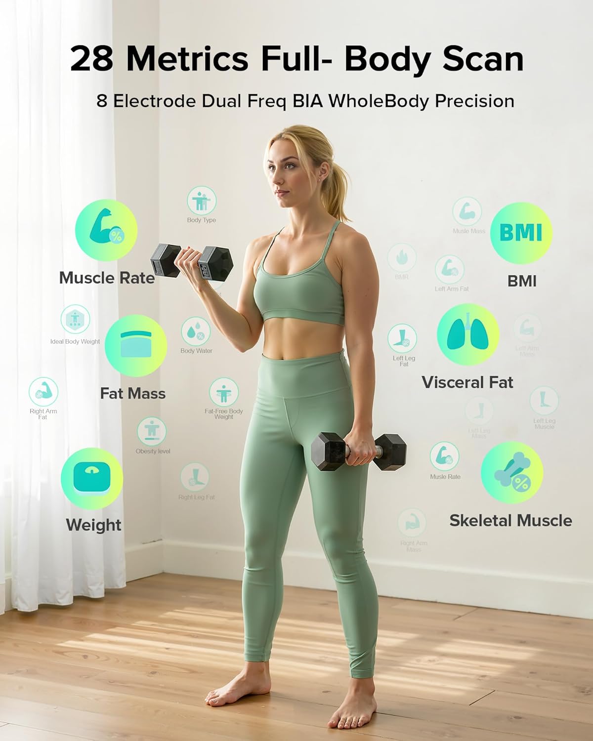 RunStar Körperfettwaage, 8-Elektroden-Ganzkörperanalyse mit 28 Körperwerten, App-Synchronisierung, BMI, Muskelmasse – Hochpräzise Digitale Waage mit 3-stufigem Display – Bild 4