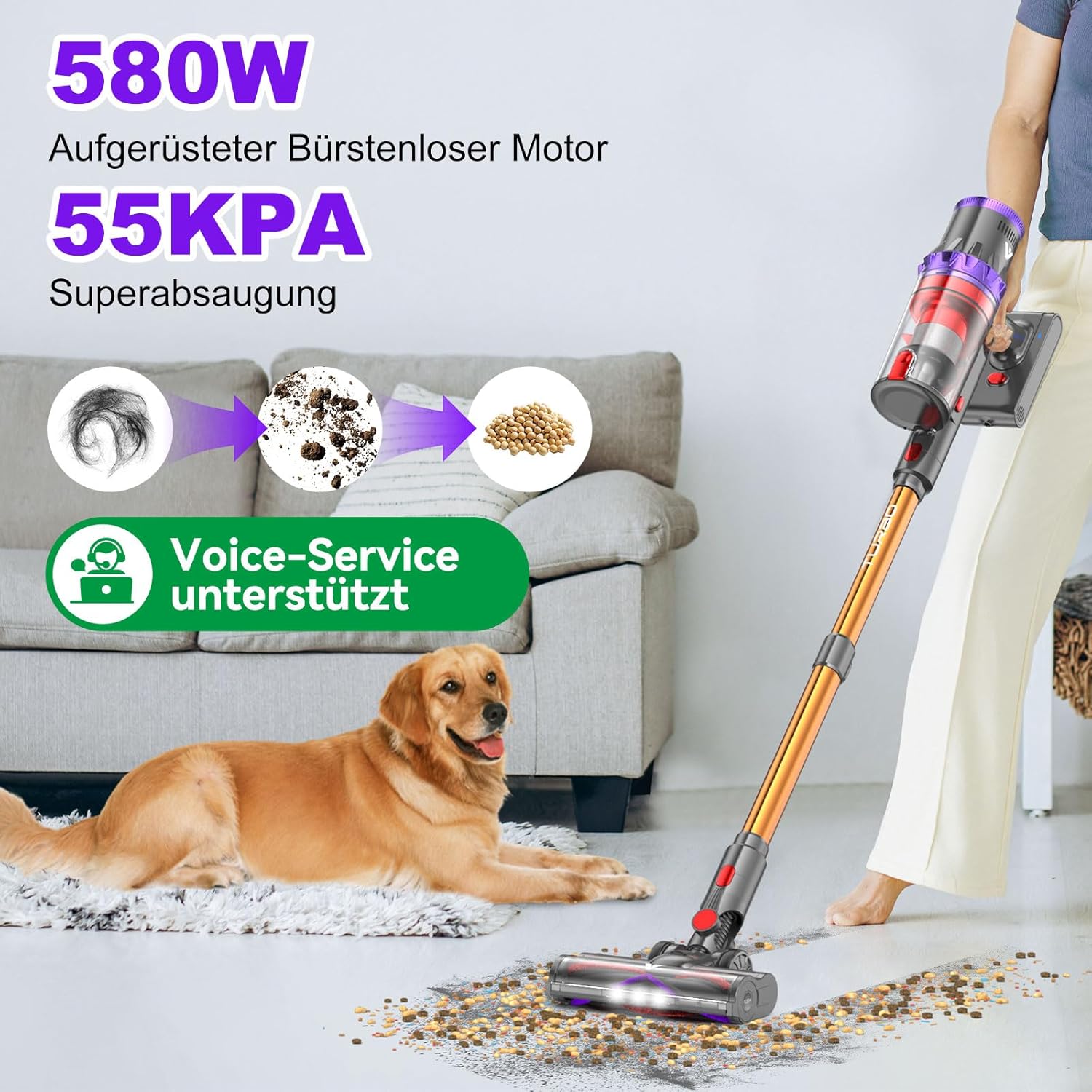 coovy Akku-Staubsauger SU7, 580 W/75 Min./55000 Pa Akku-Staubsauger mit super großem Display, Automatikmodus, Akku-Staubsauger für Teppiche, Tierhaare, Hartböden – Bild 2