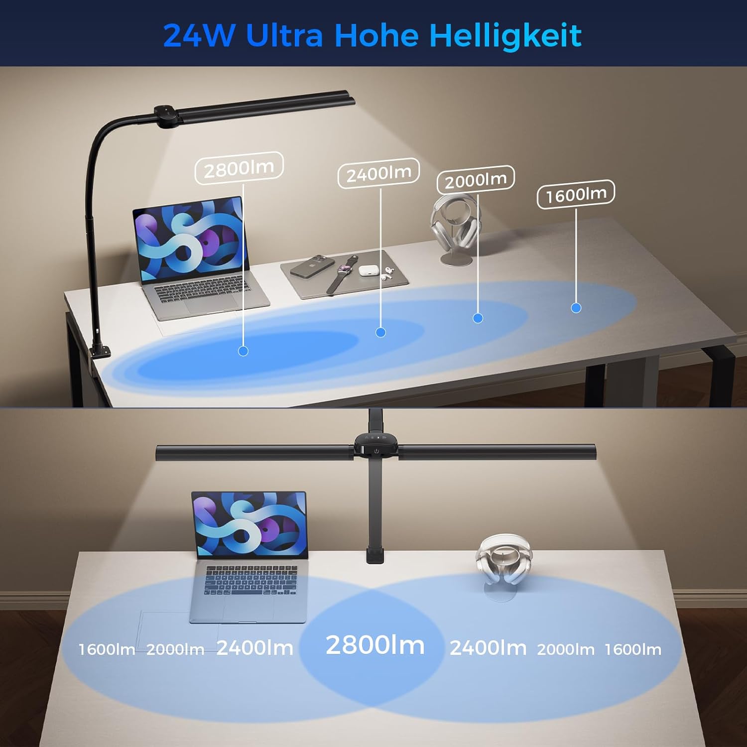 Schreibtischlampe LED Dimmbar - 1400LM 24W Doppelkopf Klemmbar Büroschreibtischlampe mit Fernbedienung, 80CM Schwanenhals Schreibtisch Lampe Tageslichtlampe mit Ladefunktion, Schwarz T01 – Bild 3