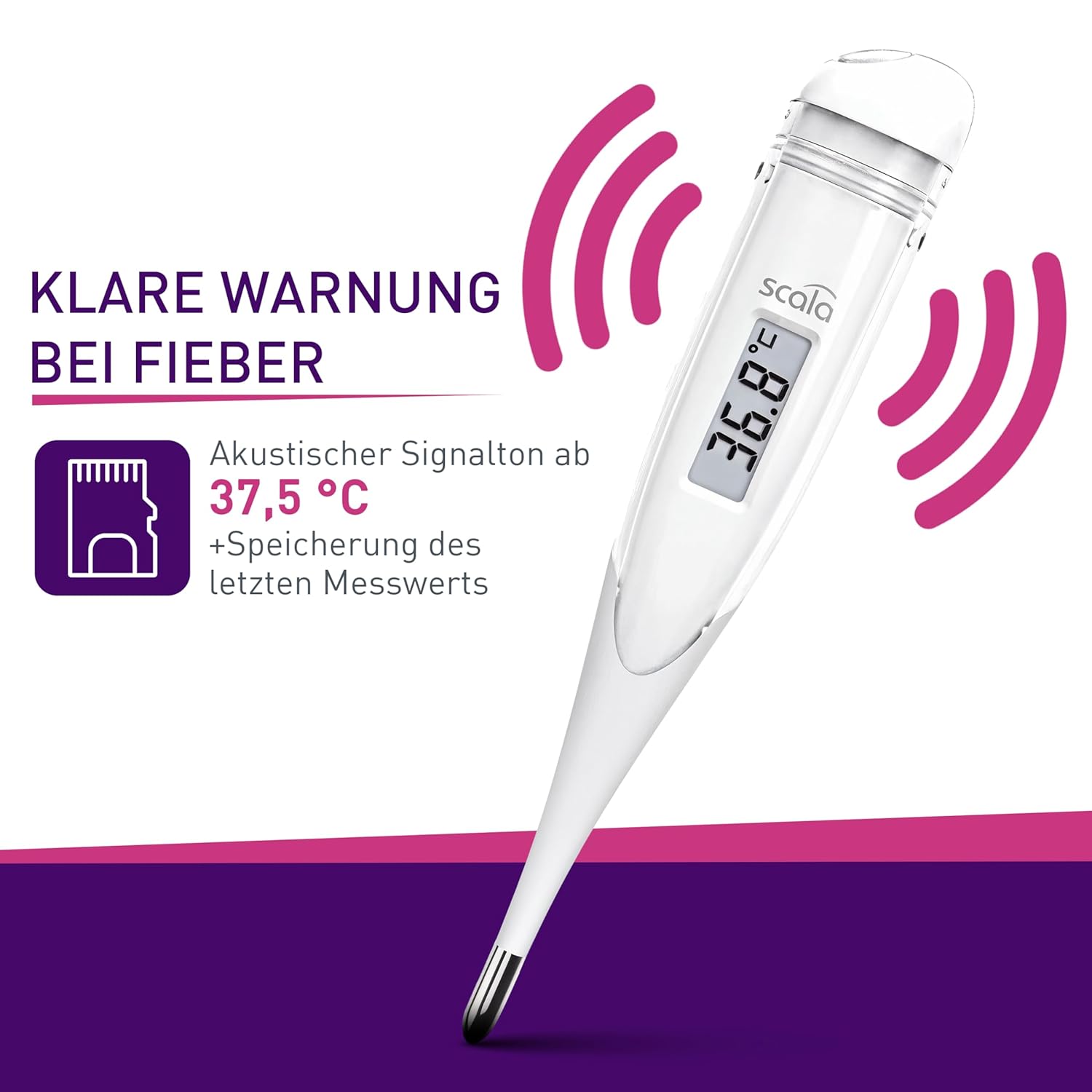 scala SC 28 flex Digitales Fieberthermometer – 10 Sekunden Messzeit, flexible Spitze, Fieberalarm, wasserdicht – oral, rektal und axillär – weiß – für Babys, Kinder und Erwachsene – Bild 4