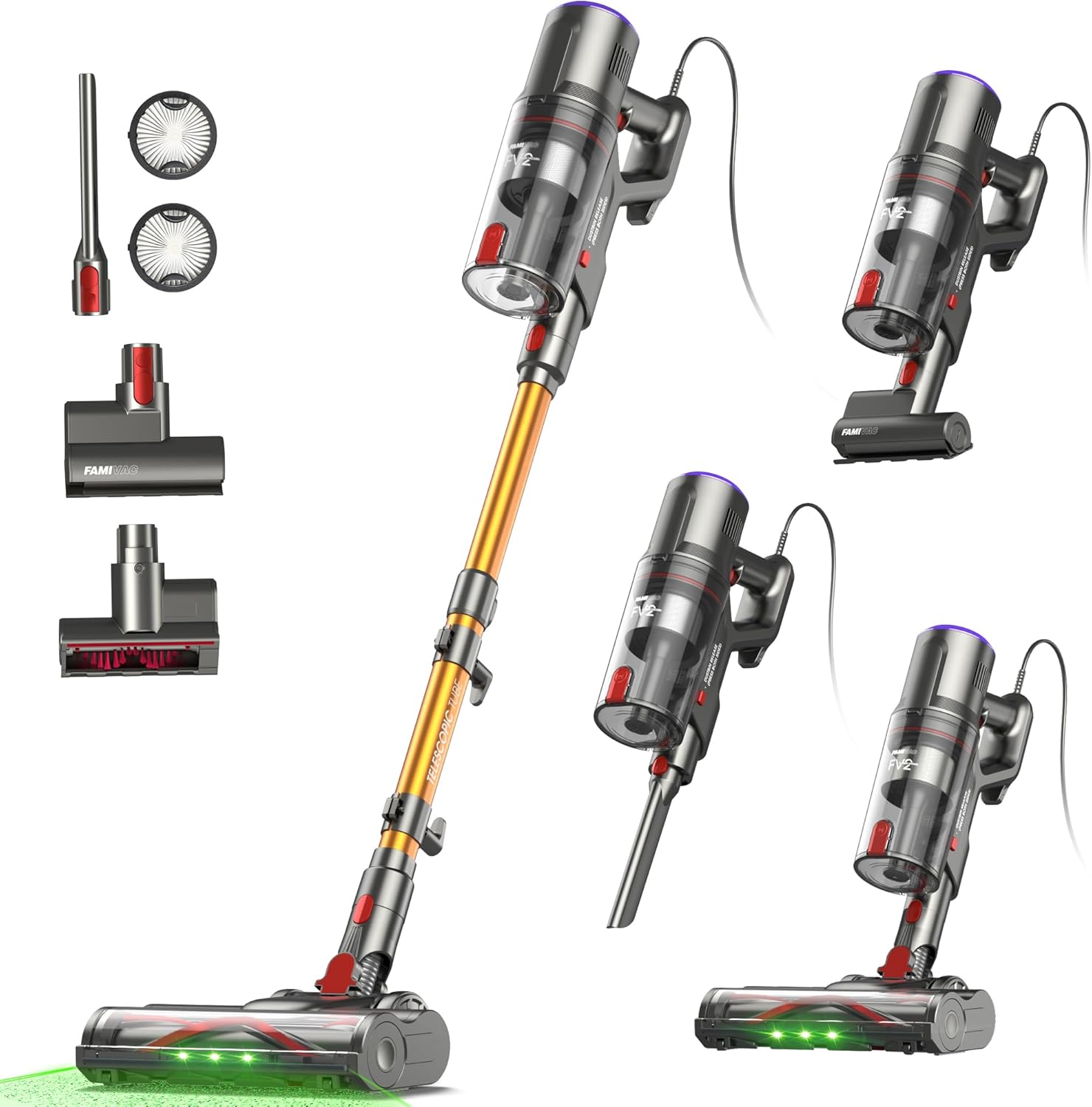 FAMIVAC FV2 Staubsauger mit Kabel, 65Kpa/600W Staubsauger Beutellos mit Matratzenbürste, 1,3KG Leichtgewicht, 7M Kabel, 60dB Leise, 1,5L, Selbststehend, Anti-Tangle-Bürste für Teppich/Boden/Tierhaare