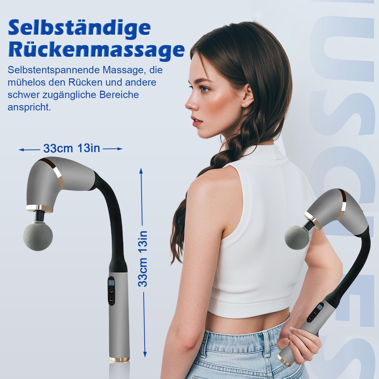 U-förmige Massagepistole, Rückenmassagegerät, 4 Massageköpfe, Massagepistole mit LCD zur Schmerzlinderung, Tiefengewebe-Körpermassagegerät, Faszienmuskel-Massagepistole für Nacken, Schulter, Bein – Grau – Bild 3