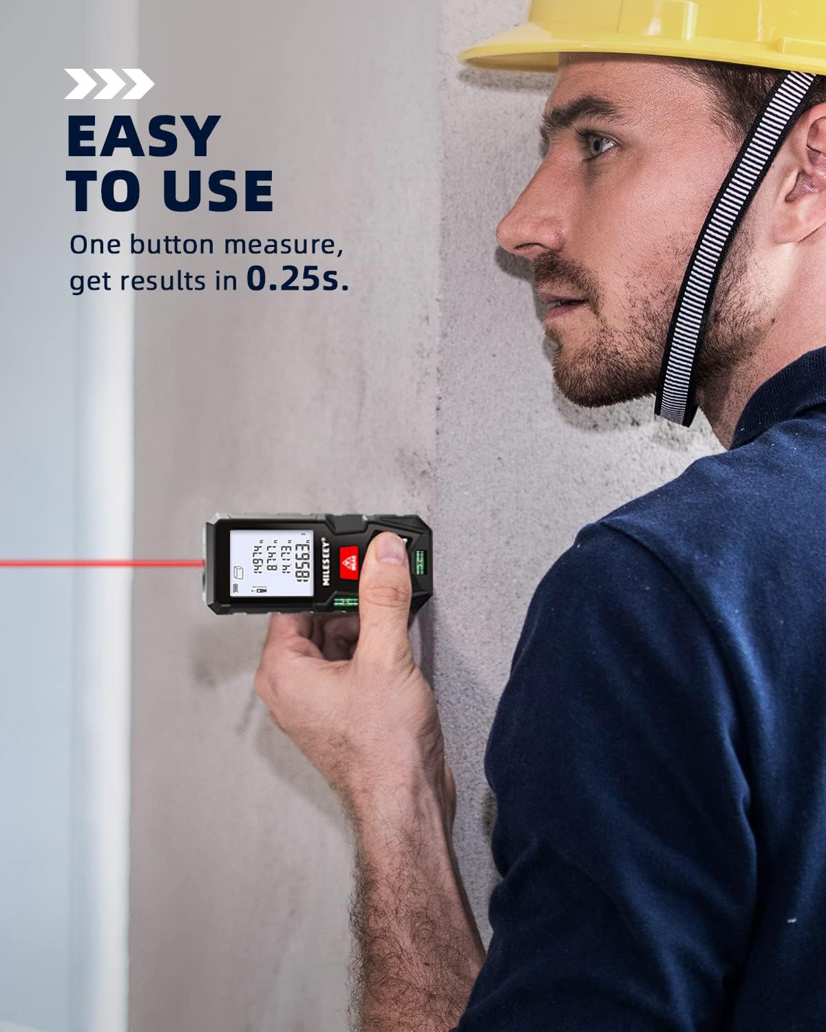 Laser-Entfernungsmesser 100 m, MiLESEEY Lasermessgerät mit 2 Wasserwaagen, ±2 mm Genauigkeit, 2 Zoll LCD-Hintergrundbeleuchtung, M/In/Ft/Ft+In-Einheiten, Flächen-/Volumenberechnung, IP54 – Bild 6